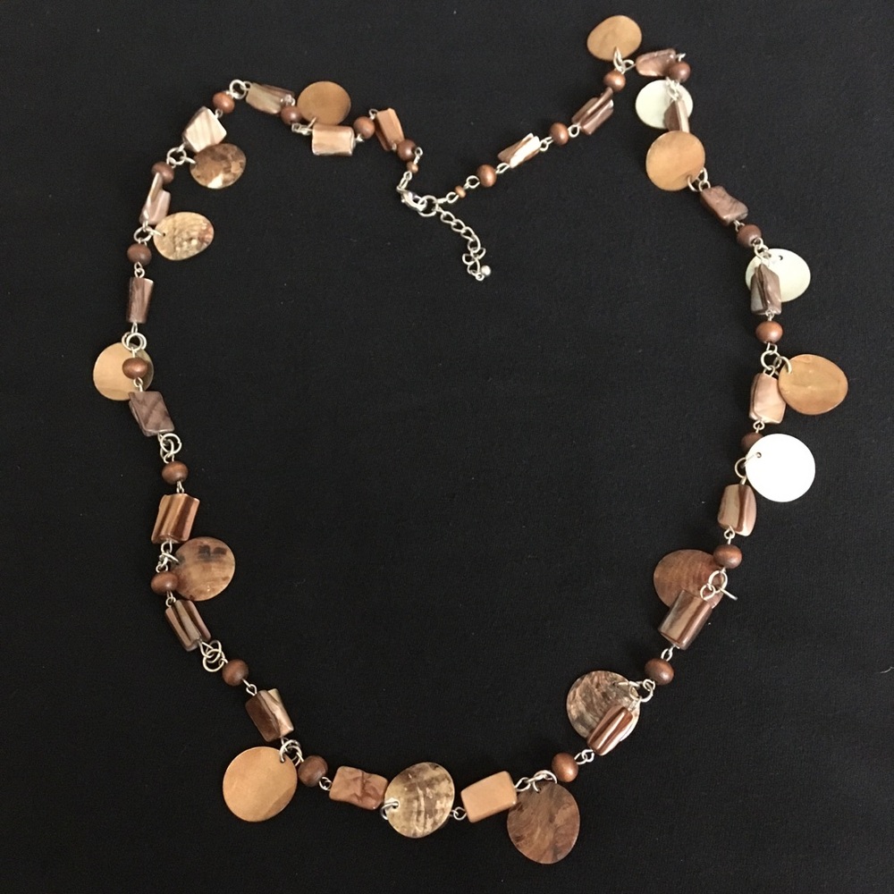 Long Brown and Tan Beaded Shell Sweater Necklace